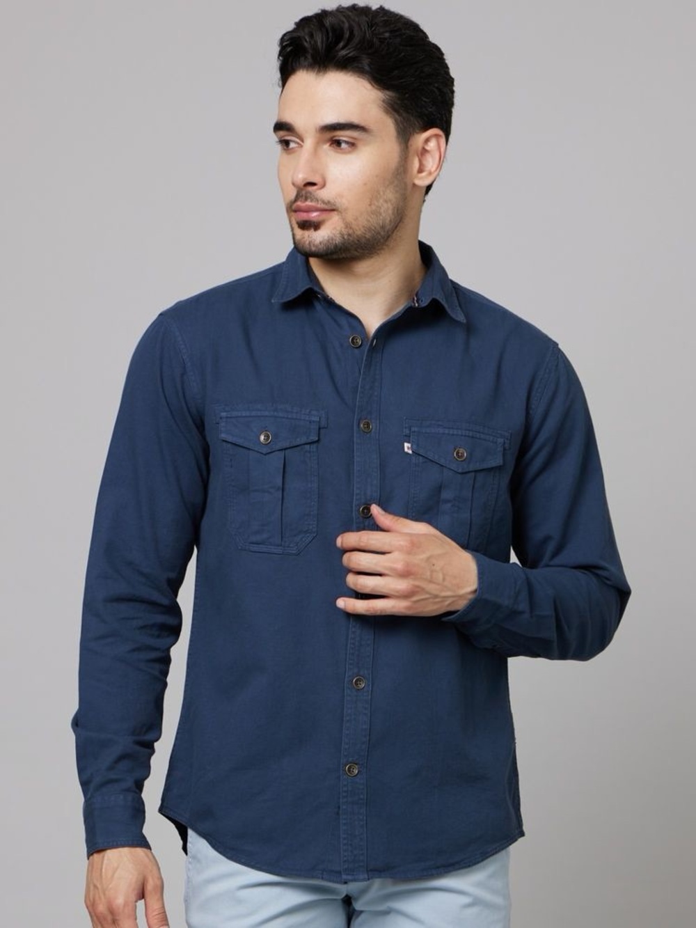 Celio Navy Blue Utility Long Sleeve Button Up Shirt Men's
